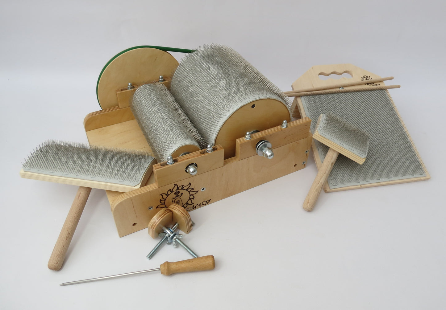 Set: Wooden Drum Carder and Fiber Combing Cardings Blending Board - 72 TPI ,Wool picker ( M&V ) (Copy)
