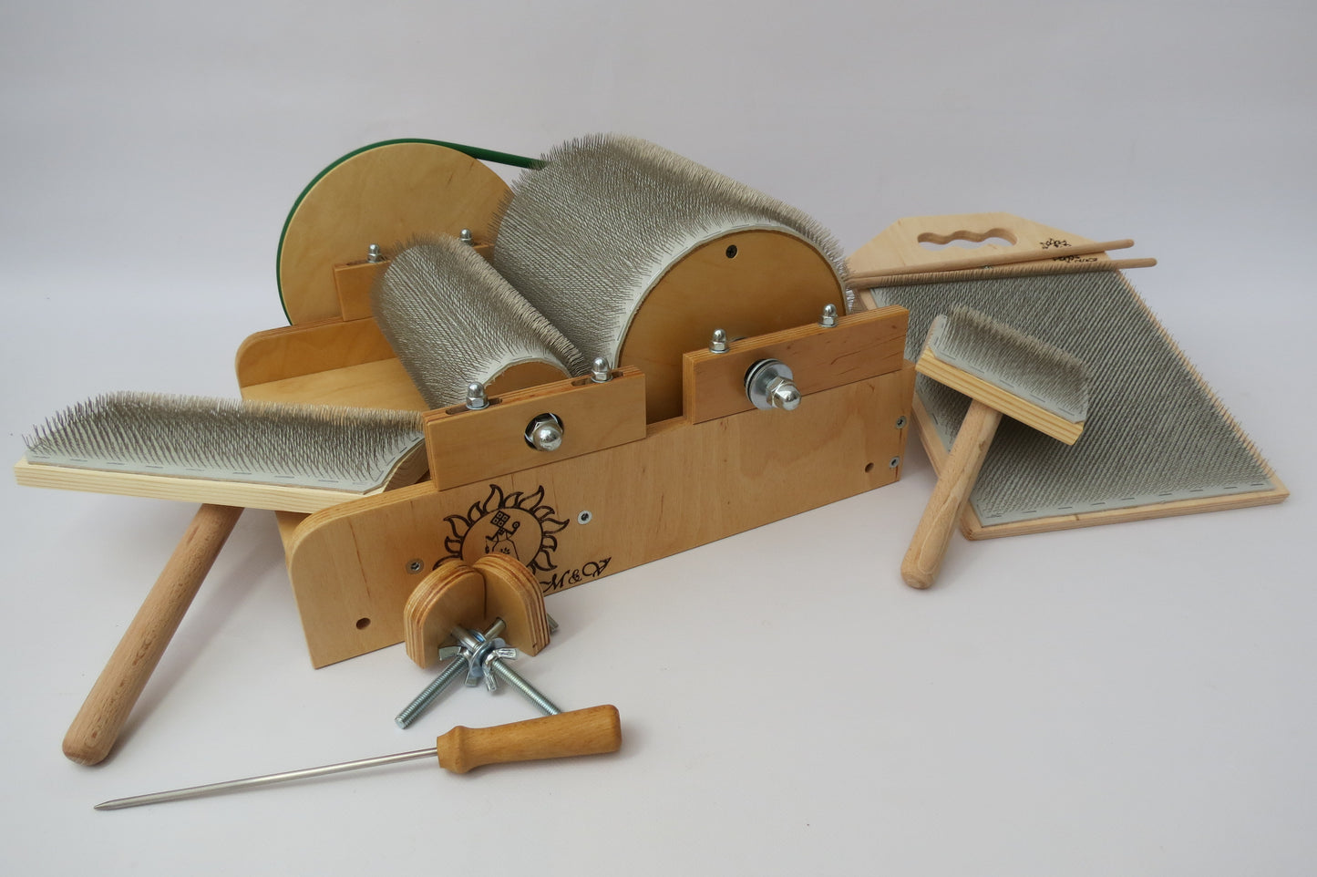 Set: Wooden Drum Carder and Fiber Combing Cardings Blending Board - 72 TPI ,Wool picker ( M&V ) (Copy)