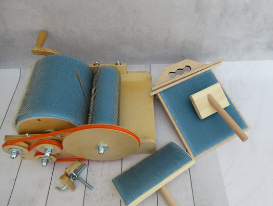 Set: Wooden Drum Carder and Fiber Combing Cardings Blending Board - 72 TPI ,Wool picker ( M&V )